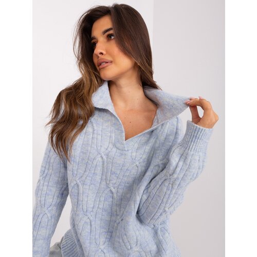 Fashion Hunters Light blue melange women's sweater with cables Cene