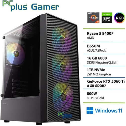 PCPLUS Namizni računalnik PCPLUS Gamer, Ryzen 5 8400F, 16 GB RAM, 1 TB SSD, RTX 5060Ti 8 GB, W11H, (5000136076) Slike