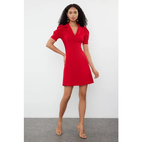 Trendyol Dark Red A-Line Patterned Balloon Sleeve Mini Woven Dress