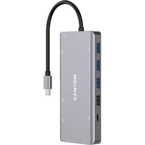 Canyon 13 in 1 USB C hub, with 2*HDMI, 3*USB3.0: support max. 5Gbps, 1*USB2.0: support max. 480Mbps, 1*PD: support max 100W PD, 1*VGA,1* Type C data, 1*Glgabit Ethernet, 1*3.5mm audio jack, cable 15cm, Aluminum alloy housing,130*57.5*15 mm,DarK gray Cene