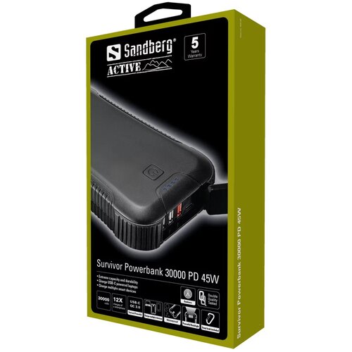 Sandberg Survivor Powerbank 30000 PowerDelivery 45W prenosna baterija z LED svetilko Slike