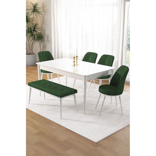 Hanah home trpezarijski set Pir, sto, 4 stolice i klupa, bela ploča, kaki zelena tkanina Babyface Cene