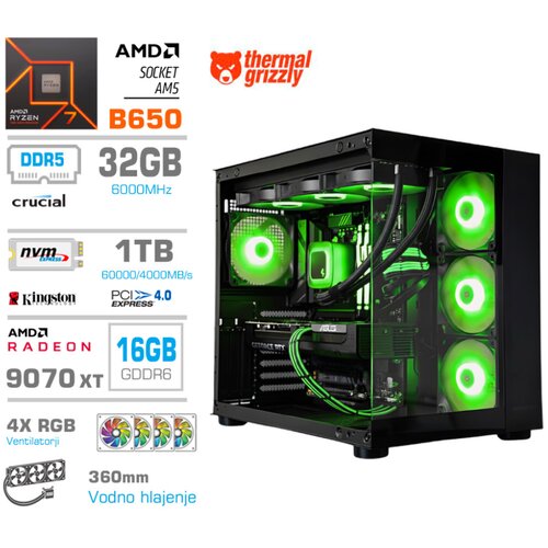 MEGA Računalnik MT S5 R7-7800X3D/RX9070 XT/32GB-DDR5/1TB/750W/Brez OS/črna RGB + Estetski napajalni kabli [Zelena / Črna], (5000367776) Slike