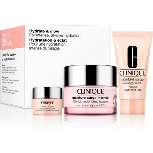 Clinique Ženski poklon set Hydrate & Glow (Moisture Surge Intense 72H Hydrator 50ml+ Overnight Maska 30ml + Krema za prodručje oko očiju 5ml) Slike