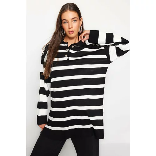 Trendyol Black and White Polo Neck Striped Knitwear Sweater