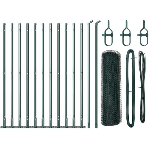 VidaXL Heksagonalna Ograja Zelena 0.6x25 m Jeklo, Ograjamo Stebri s Podnožji 13 kos &amp;Oslash;32mm 70cm Galvanizirano Jeklo Slike