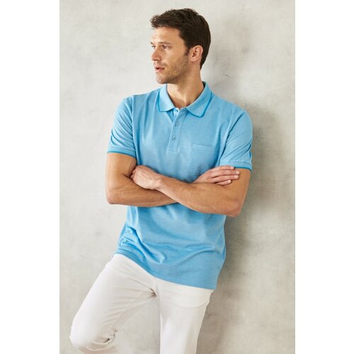 ALTINYILDIZ CLASSICS Men's Non-shrinking Cotton Fabric Regular Fit Wide Cut Blue Anti-roll Polo Collar with Pockets T-Shirt. Cene