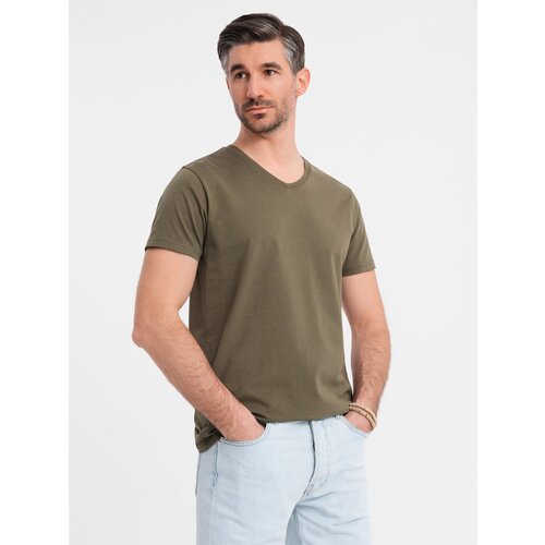 Ombre Men&amp;#039;s BASIC classic cotton T-shirt with a serape neckline - dark olive Slike
