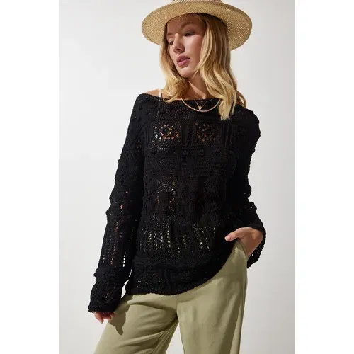 Happiness İstanbul Women's Black Openwork Seasonal Knitwear Sweater