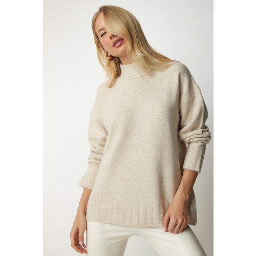 Happiness İstanbul Women's Beige Stand-Up Collar Soft Textured Knitwear Sweater Slike