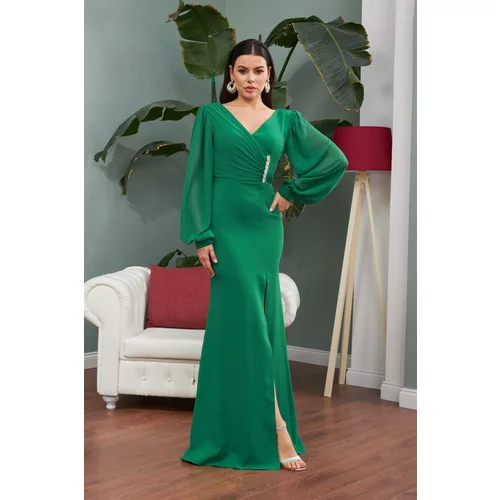 Carmen Emerald Chiffon Long Evening Dress with Buckle Detail