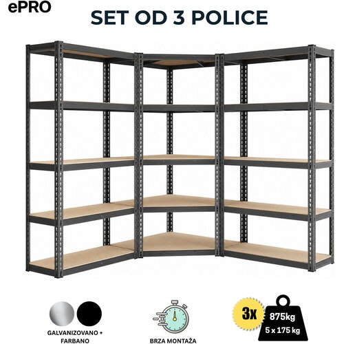Epro metalna montažna polica SET 1 kom ugaona 180x70x30 + 2 kom premium 180x90x30/ metal-drvo Cene