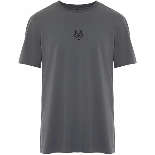 Trendyol Anthracite Men's Regular Cut Wolf Embroidered 100% Cotton T-Shirt