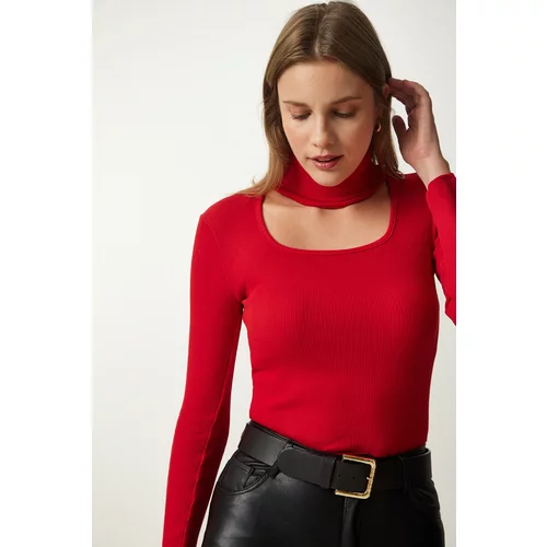 Happiness İstanbul Women's Red Cut Out Detailed Turtleneck Ribbed Knitted Blouse