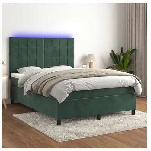 vidaXL Krevet box spring s madracem LED tamnozeleni 140x190 cm baršun