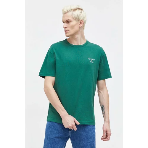 Tommy Jeans Pamučna majica za muškarce, boja: zelena, s aplikacijom