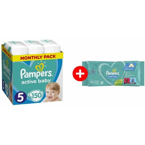 Pampers Active baby Pelene mesečno pakovanje S5 150 + Gratis vlažne maramice Fresh 52 Cene