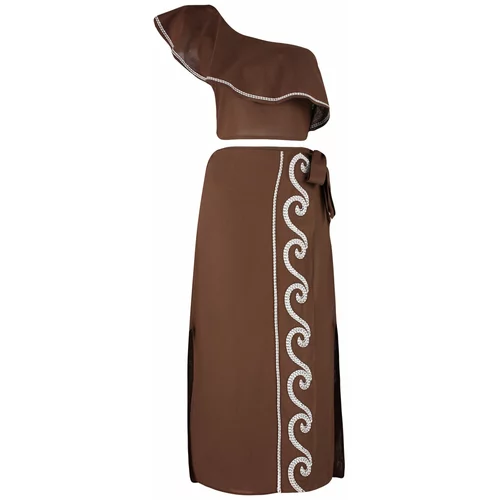 Trendyol Brown Woven Flounce One-Shoulder 100% Cotton Blouse and Skirt Suit