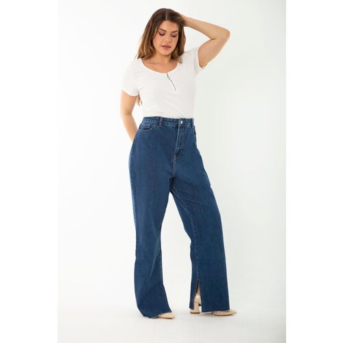 Şans Women's Plus Size Navy Blue Slit Jeans Trousers Slike