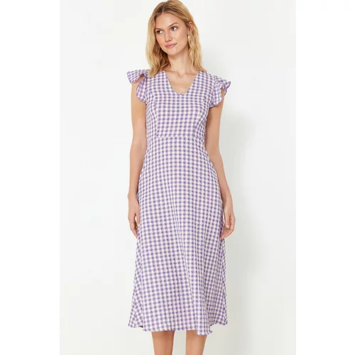Trendyol Lilac Checked A-Line Gipe Detailed Midi Woven Dress
