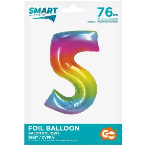 Balon folija v barvah mavrice, 76 cm - številka 5 Balon folija v barvah mavrice, 76 cm - številka 5