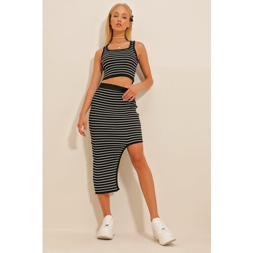 Trend Alaçatı Stili Women's Black and White Striped Knitwear Skirt Suit Slike