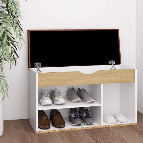 VidaXL klupa za cipele s jastukom bijela/hrast 80 x 30 x 47 cm iverica Slike