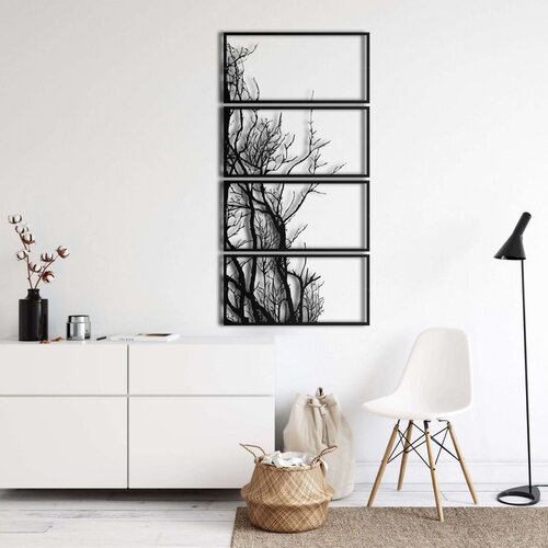 Wallxpert metalni zidni ukras 5391, gole grane drveta u 4 vertikalno složena panela, 60 x 120 cm, crni Cene