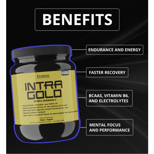Ultimate Nutrition intra gold &amp;ndash; intra-trening formula za izdržljivost i oporavak - zelena jabuka Slike
