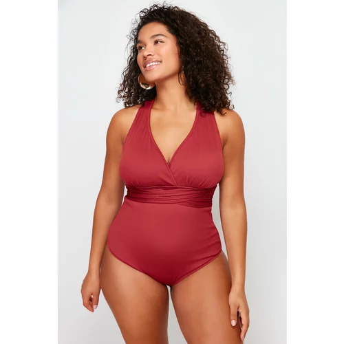 Trendyol Curve Claret Red V-Neck Textured Swimsuit with Recovery Effect