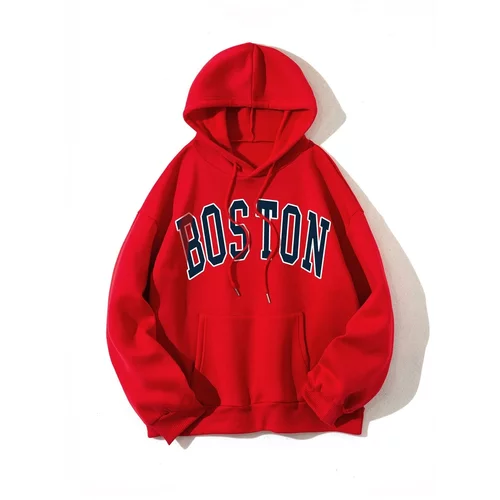 K&H TWENTY-ONE Unisex Red Oversize Boston Printed Sweatshirt with Hoodie