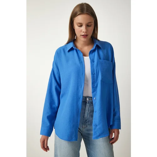  Women's Blue Oversize Linen Ayrobin Shirt