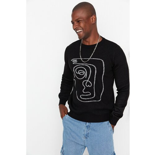 Trendyol Black Men's Slim Fit Crew Neck Face Figure Detailed Knitwear Sweater Slike