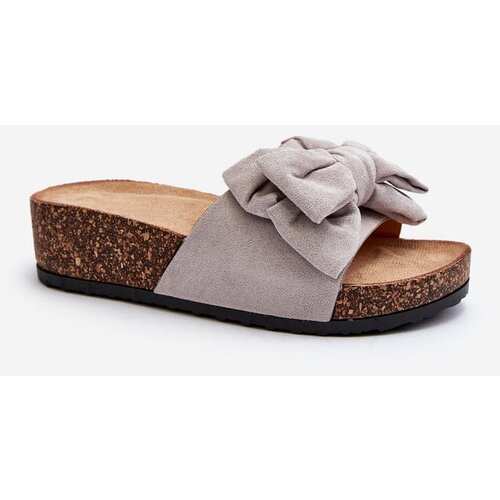 Kesi Women's slippers on a cork platform with a bow, gray Tarena Slike