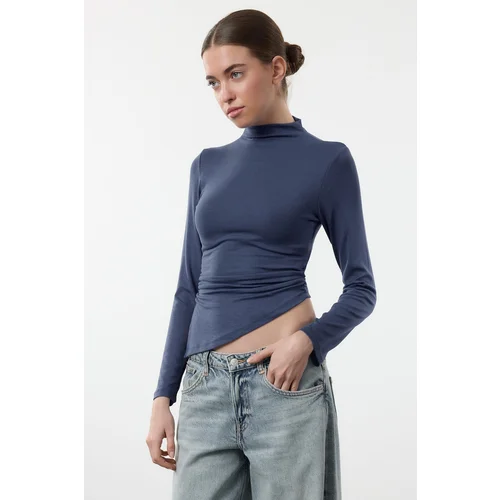 Trendyol Indigo Fitted Gather/Drape Detail Stand Collar Knitted Blouse