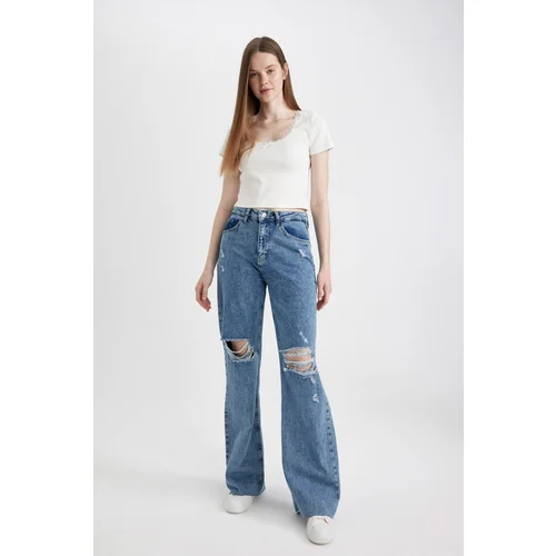 Defacto 90's Wide Leg Ripped Detailed High Waist Wide Leg Long Jean Pants