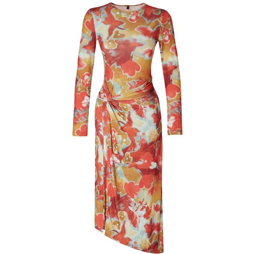 Trendyol Limited Edition Printed, Fitted, Stretchy Midi Knitted Dress with Tie Detail Slike