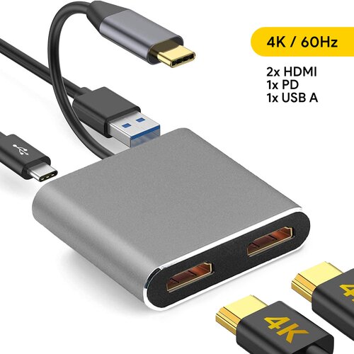  Adapter Type C na HDMIx2 PD USB3.0 4 u 1 sivi Cene