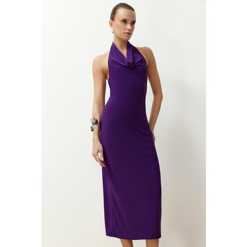 Trendyol purple degaje collar stretchy knitted midi pencil dress Cene
