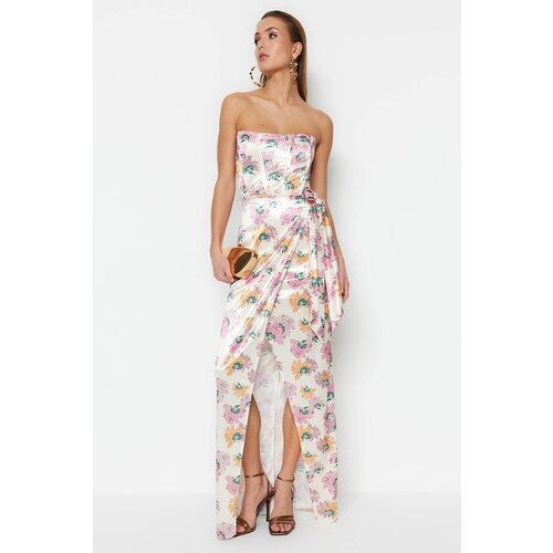 Trendyol Multicolored Double Breasted Lined Knitted Satin Floral Pattern Long Evening Dress Slike