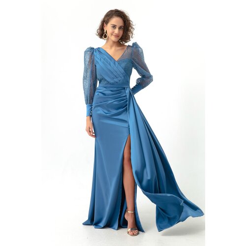 Lafaba Women&amp;#039;s Indigo Double Breasted Neck Silvery Long Satin Evening Dress Slike