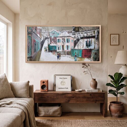 Wallxpert uramljena MDF slika ARTSNTMDL4, zimska ulica na Monmartru sa šarenim kućama, 33 x 70 cm Cene