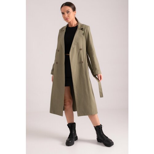 armonika Women's Khaki Double Breasted Collar Waist Belted Long Trench Coat with Pocket Cene