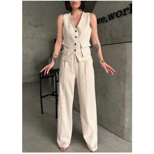 Laluvia Stone Color 100% Cotton Pocket Detailed Vest Trousers Gabardine Suit Slike