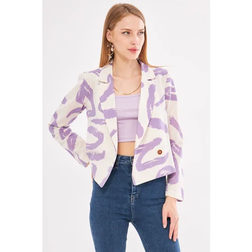 armonika Women's Lilac Double Breasted Collar Patterned Crop Jacket