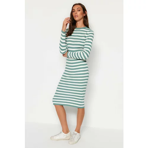 Trendyol Mint Midi Knitwear Basic Striped Dress