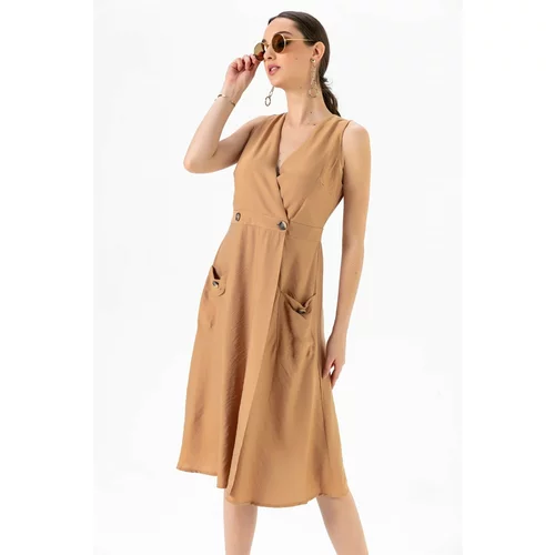 By Saygı Bag Pocket Buttoned Linen Dress Brown