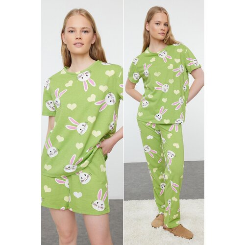 Trendyol green 100% Cotton Rabbit and Heart Patterned Knitted Pajama Set Slike