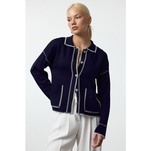 Trendyol Navy Blue Color Block Polo Neck Knitted Cardigan Slike