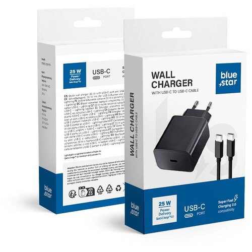 Blue Star kućni punjač  + type c na type c kabal 3A 25W sa pd i qc 4.0 funkcijom crni Cene